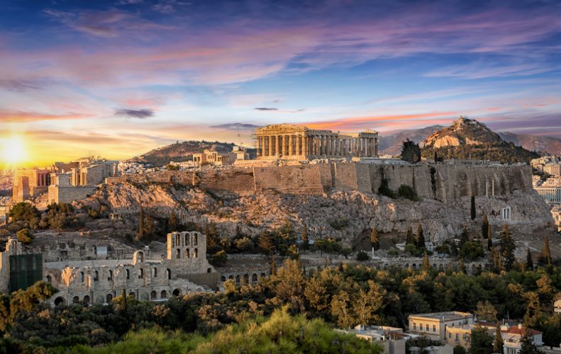 アテネ・ギリシャ 夕日に映えるアテネの古代遺跡群